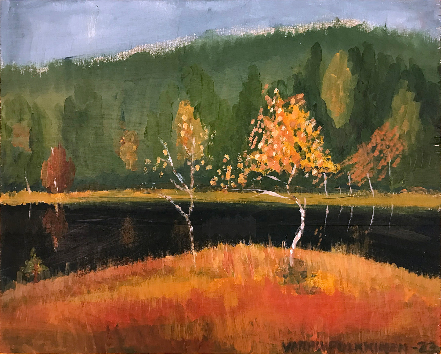 Ruskalampi, akryylimaalaus vanerille